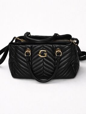 Guess Black Vegan Leather Quilted Satchel Handbag with Gold Accents